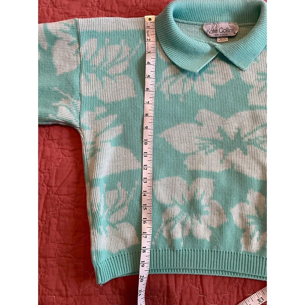 Vintage 90s Kate Collins Aqua Floral Pullover Sweater Tropical Pastel Sz Med